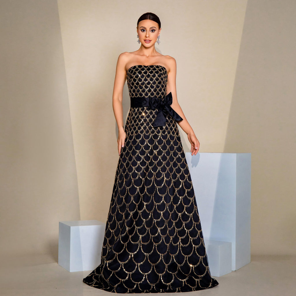 Dress Off-neck Wrapped Chest Nipped-waist Large Swing Sequined Evening