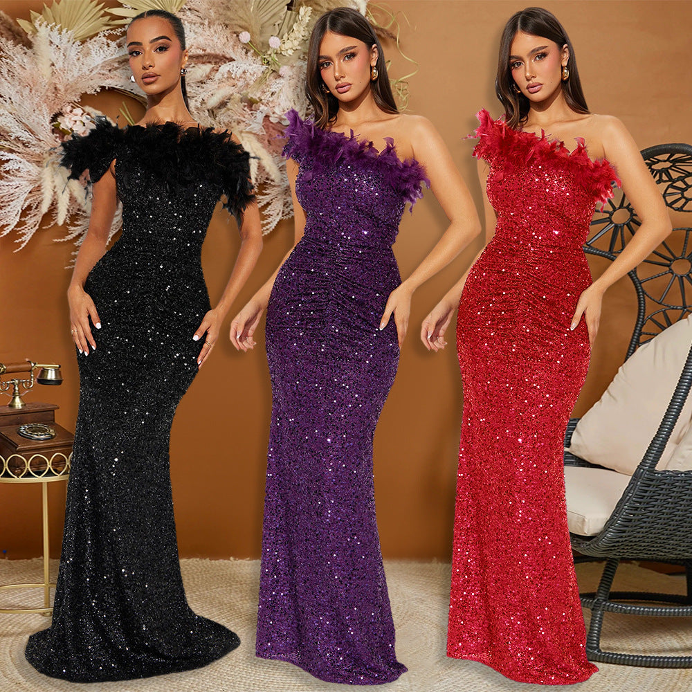 Dress Black Paillette Feather Stitching Sequin Sexy