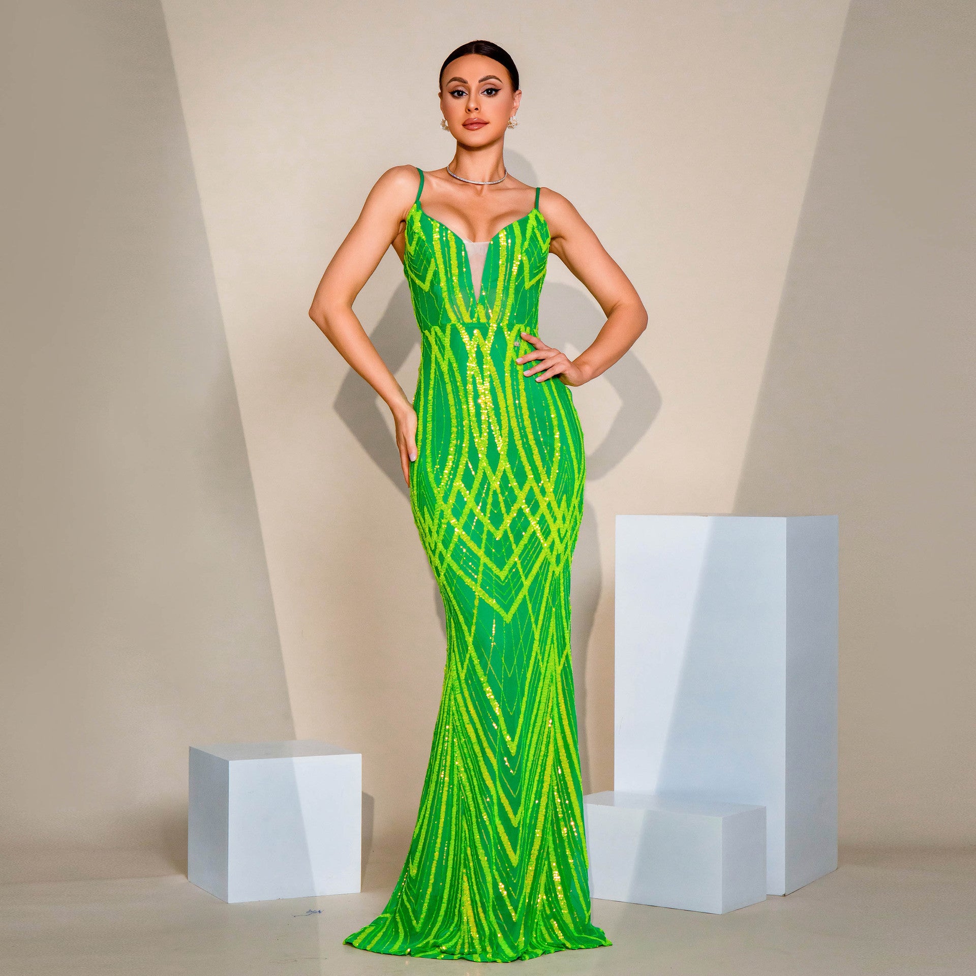 Dress V-neck Strap Sequined Fishtail Evening