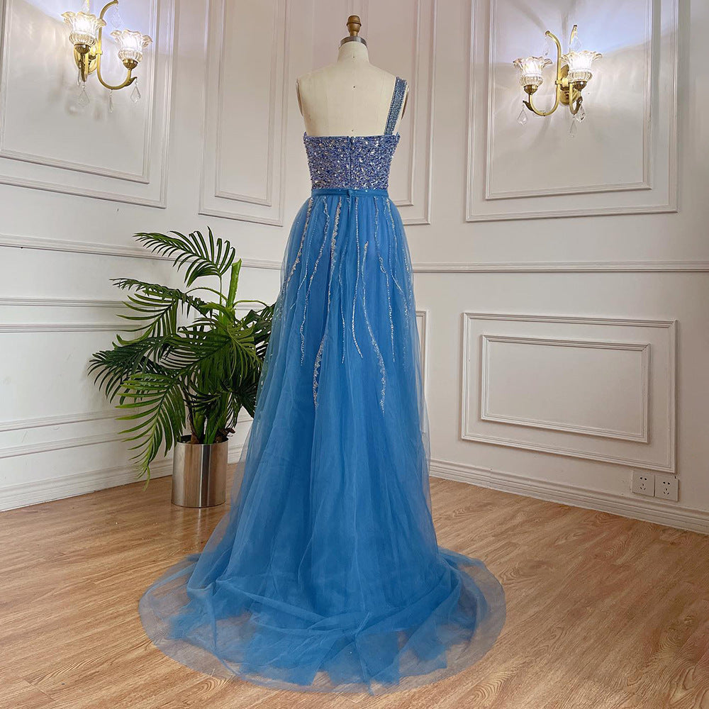 Dress Blue Handmade Beaded Split Shoulder Fishtail