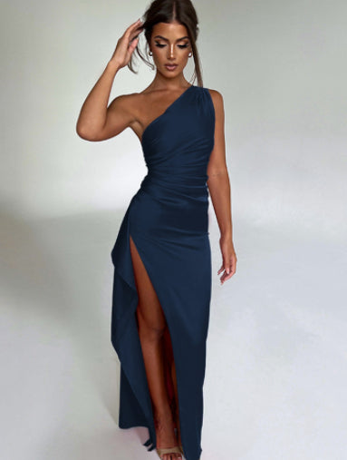 Sexy One-shoulder Backless Slit Dress Slim-fit Solid Color Satin