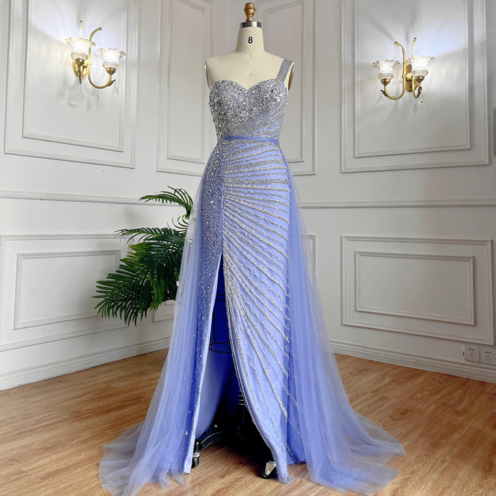 Dress Blue Handmade Beaded Split Shoulder Fishtail