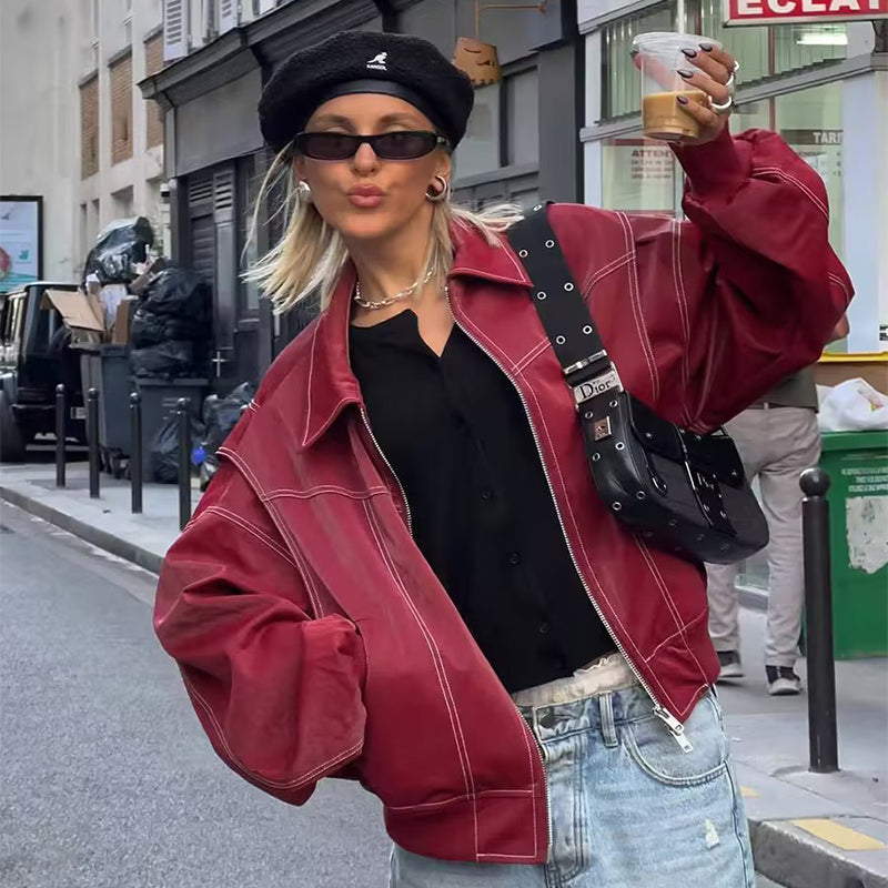 Jacket Cool Long Sleeve Zipper Closure Moto Biker Leather Jacket Womens Clothing