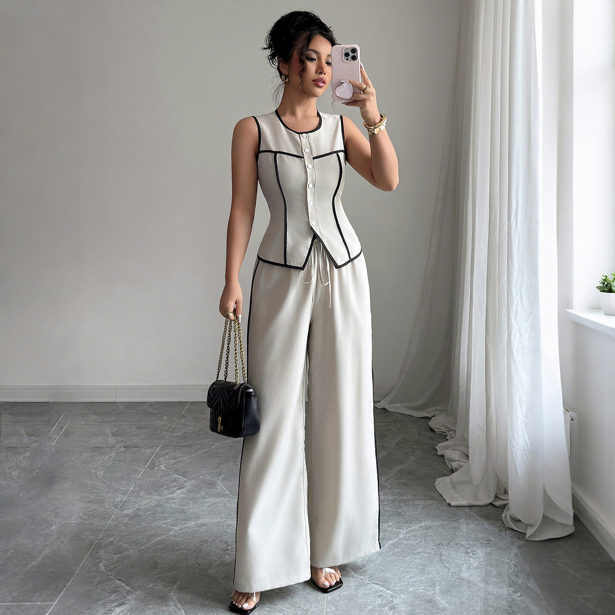 2- Piece Set Women Casual Elegant Button Vest Wide Leg Pants