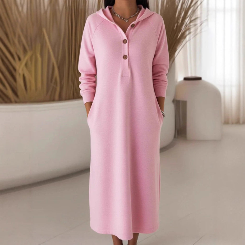 Women's Button Knit Hooded Sweatshirt Solid Color Casual Dress