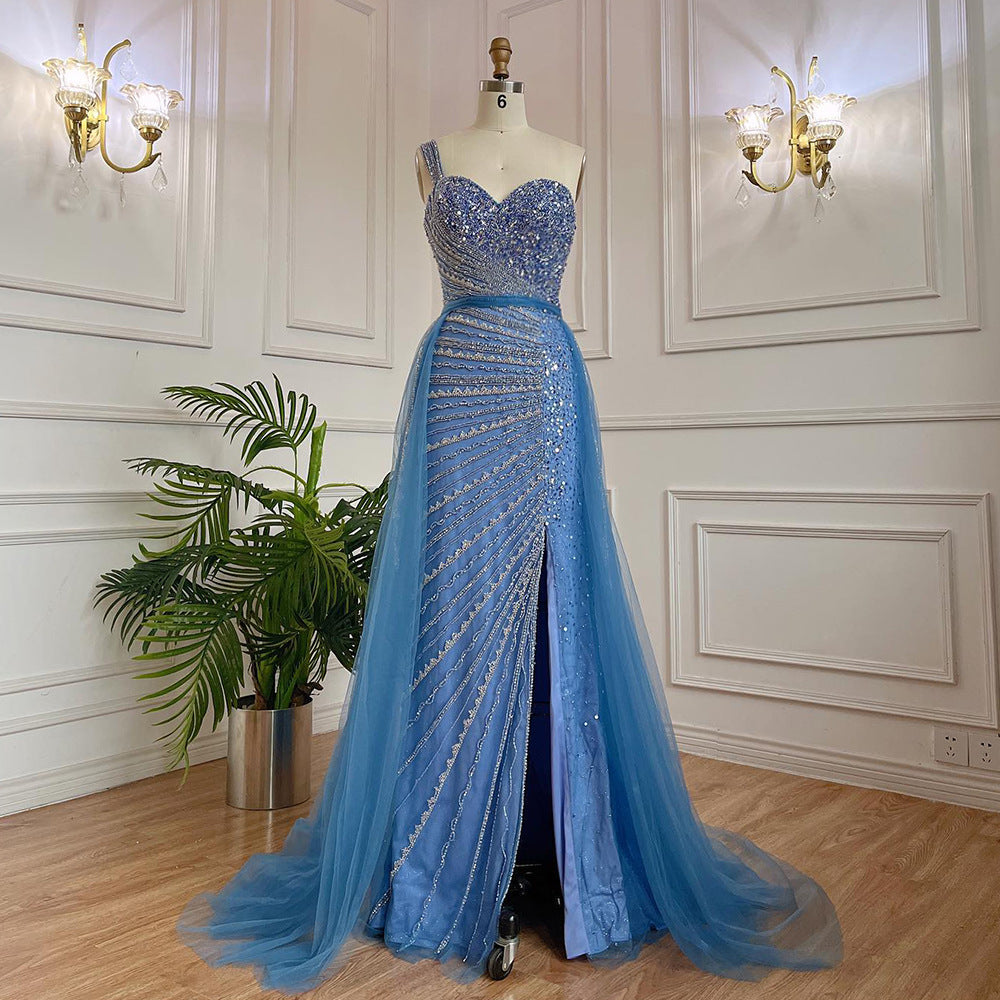 Dress Blue Handmade Beaded Split Shoulder Fishtail