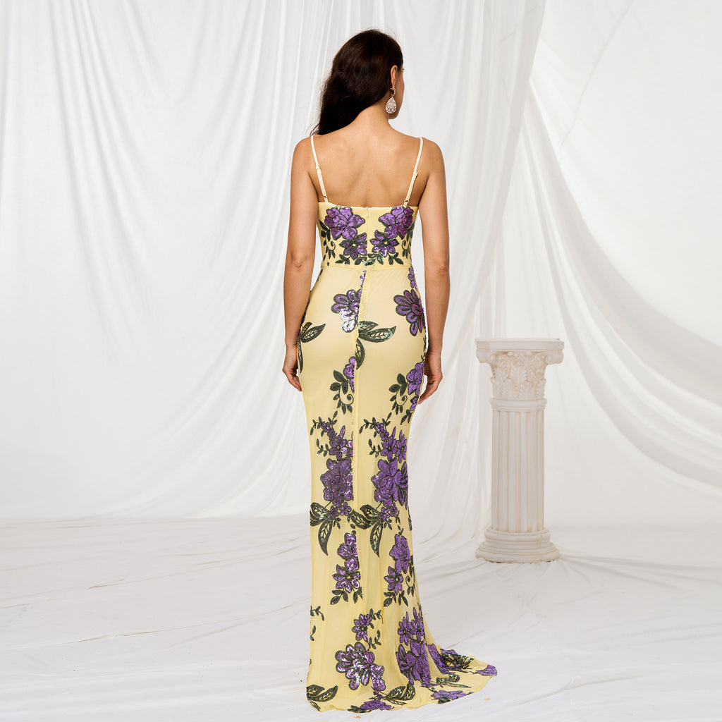 Dress V-neck Brace Slim-fit Sheath Sequined Slit