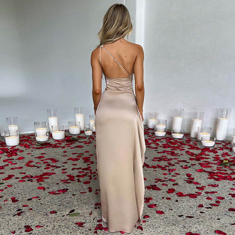 Sexy One-shoulder Backless Slit Dress Slim-fit Solid Color Satin