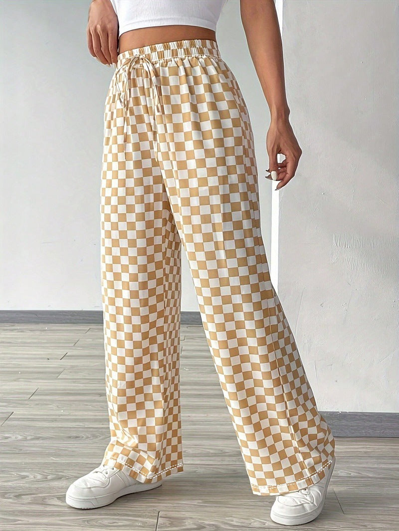 Pants Women's Casual High-waisted Checkered Straight-leg