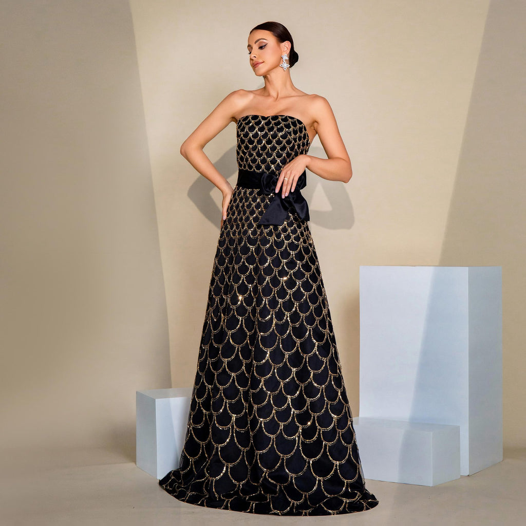 Dress Off-neck Wrapped Chest Nipped-waist Large Swing Sequined Evening
