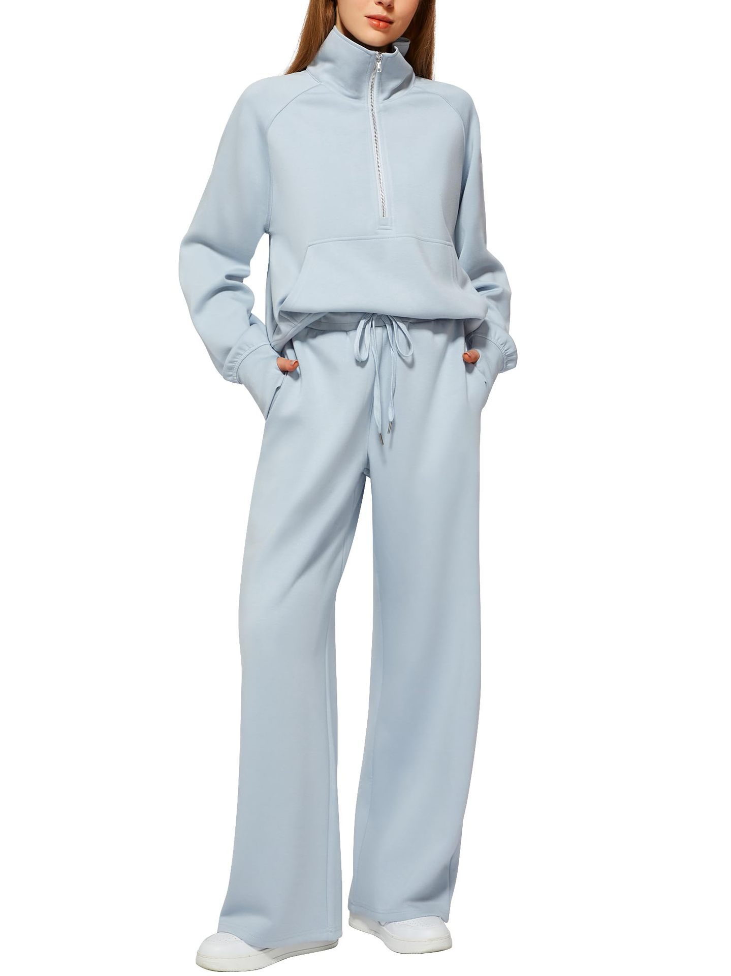 Woman Solid Color Half Zip Long Sleeve Sweatshirt And Wide Leg Pants Set Casual Sporty Two Piece Outfit Women's Suit