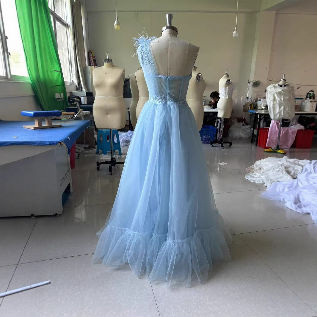 Dress Blue One-shoulder Feather Wedding