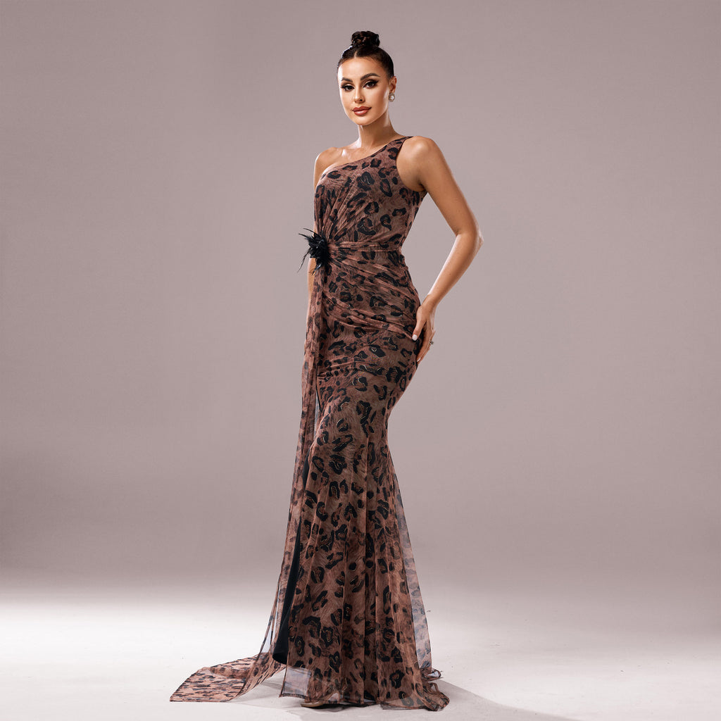 Dress One-shoulder Diagonal Collar Leopard Sequined