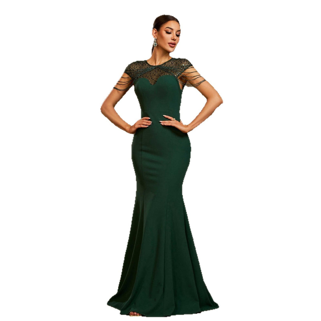 Evening Dress Elegant Sleeveless Round Neck Sequins Slim-fit