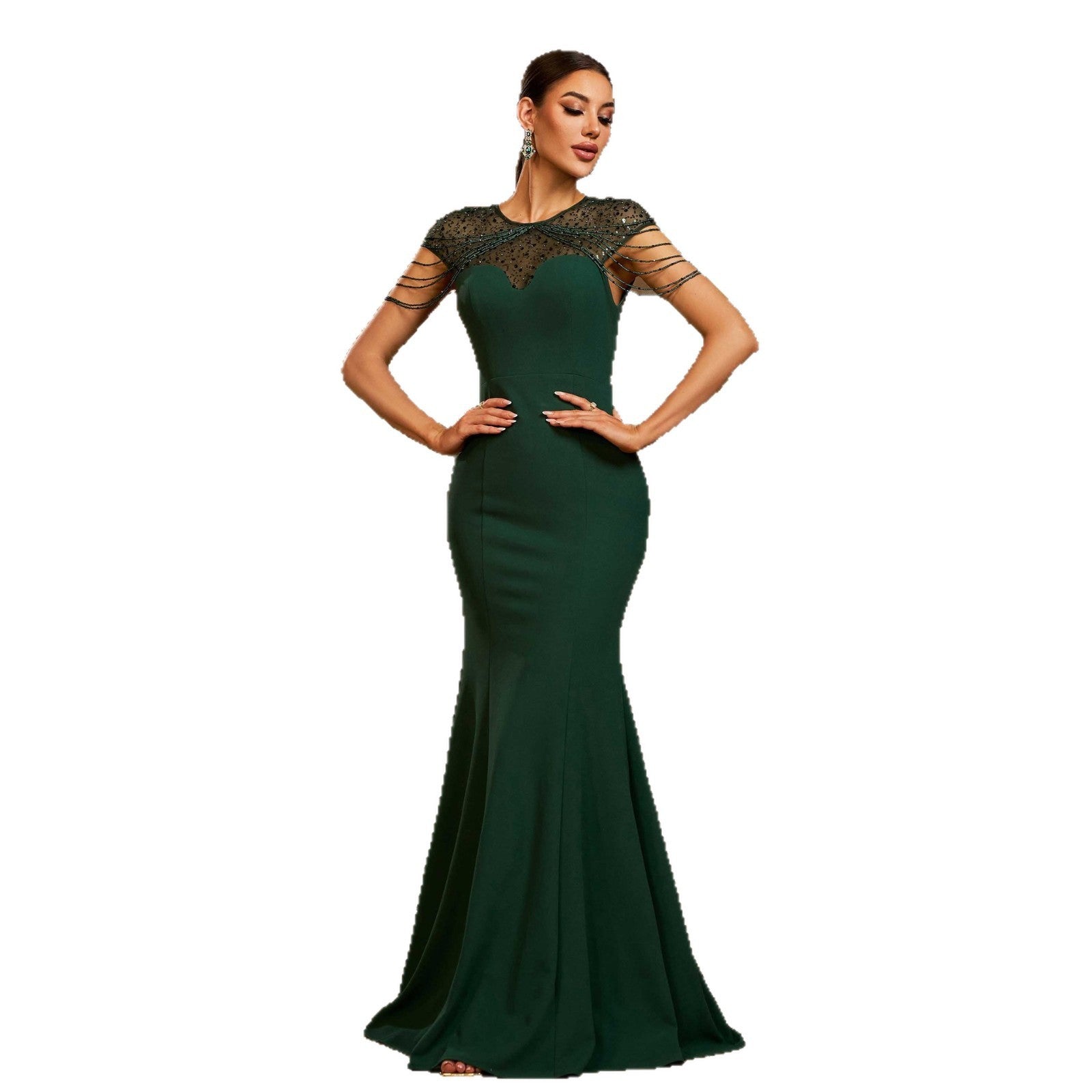 Evening Dress Elegant Sleeveless Round Neck Sequins Slim-fit