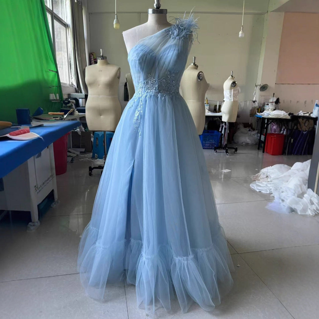 Dress Blue One-shoulder Feather Wedding