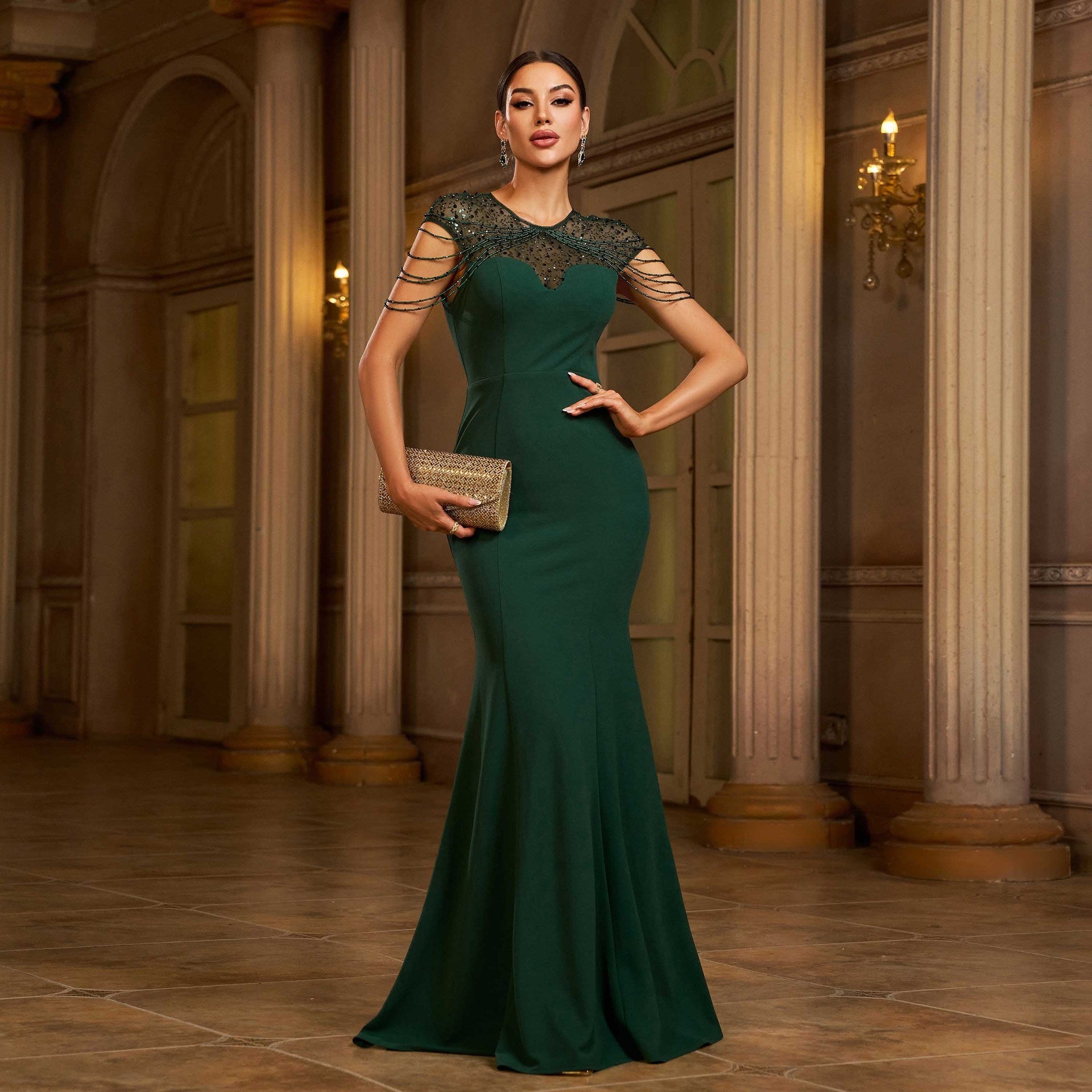 Evening Dress Elegant Sleeveless Round Neck Sequins Slim-fit
