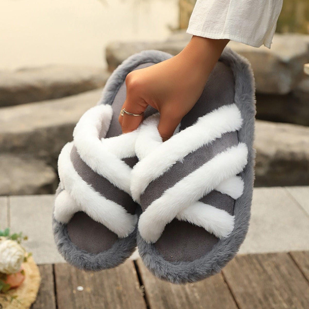 Slippers Fluffy Slippers Cross Strap Stitching Warm Casual Platform