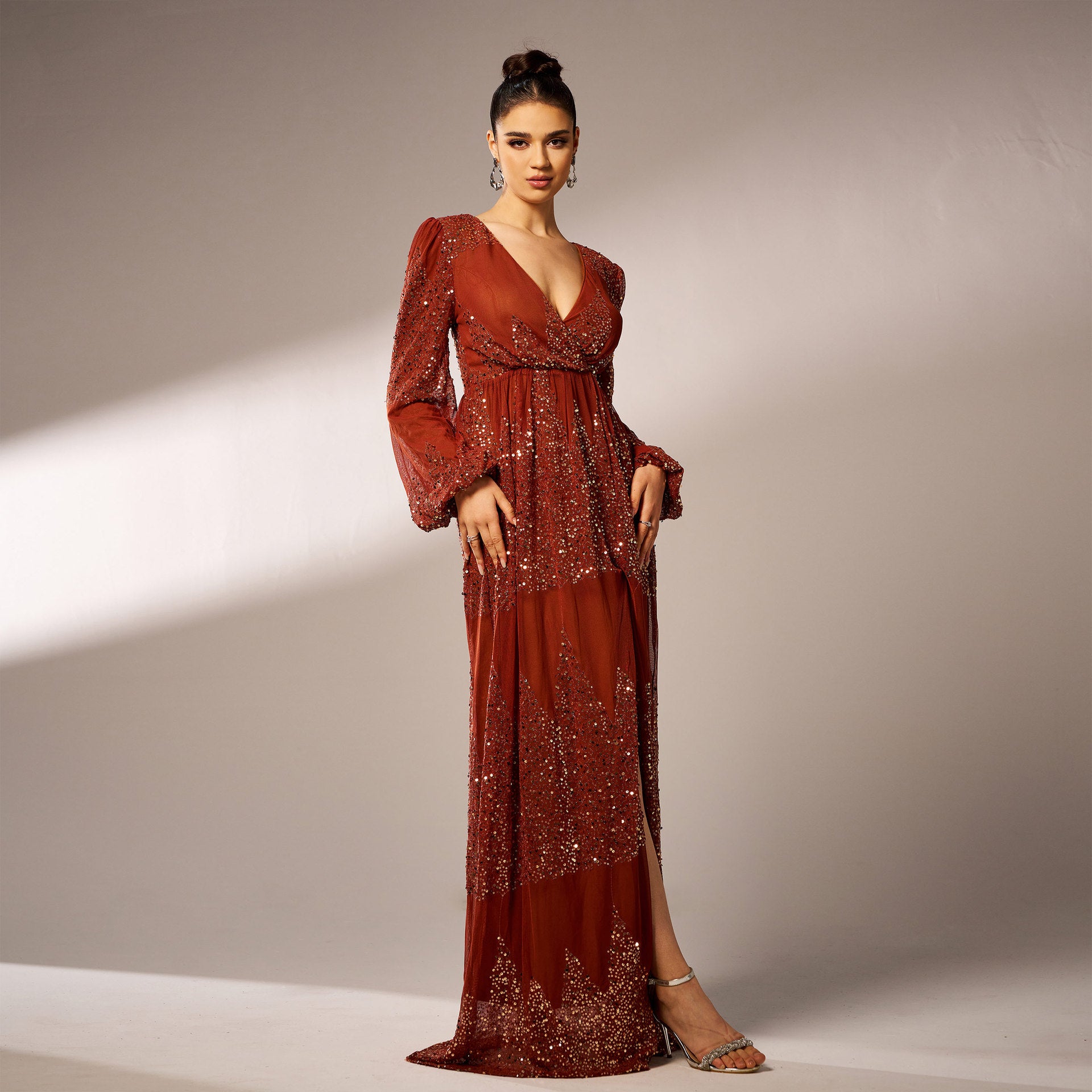 Dress Long Sleeve V-neck Sexy Long Sequined Evening