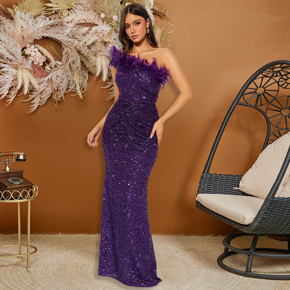 Dress Black Paillette Feather Stitching Sequin Sexy