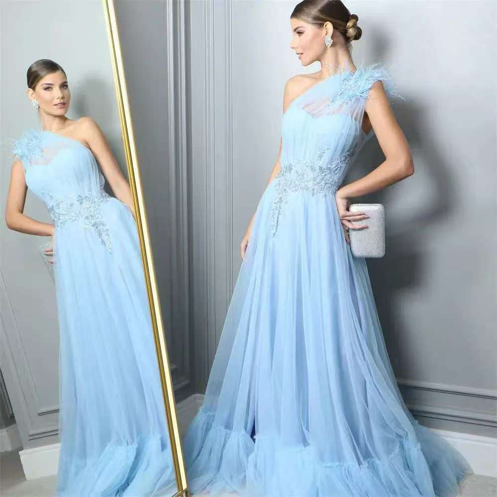 Dress Blue One-shoulder Feather Wedding
