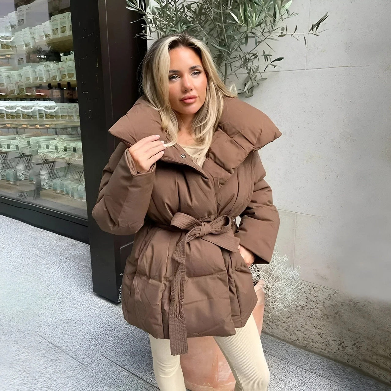 Winter Thickened Jacket Fashion Lapel Cotton Coat With Belt Warm Casual Top Outwear