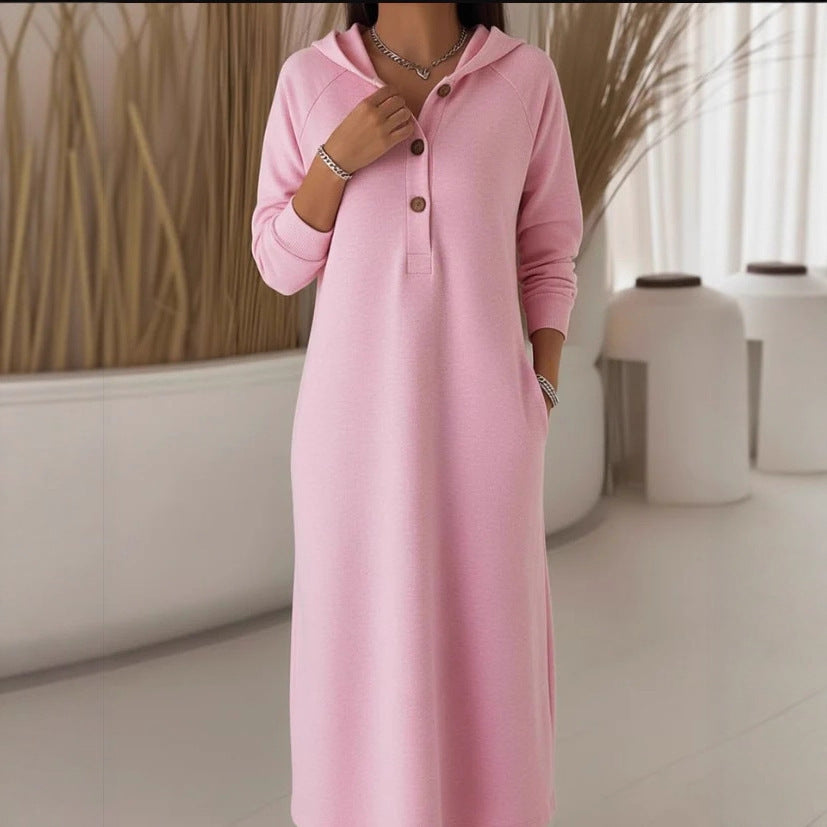 Women's Button Knit Hooded Sweatshirt Solid Color Casual Dress