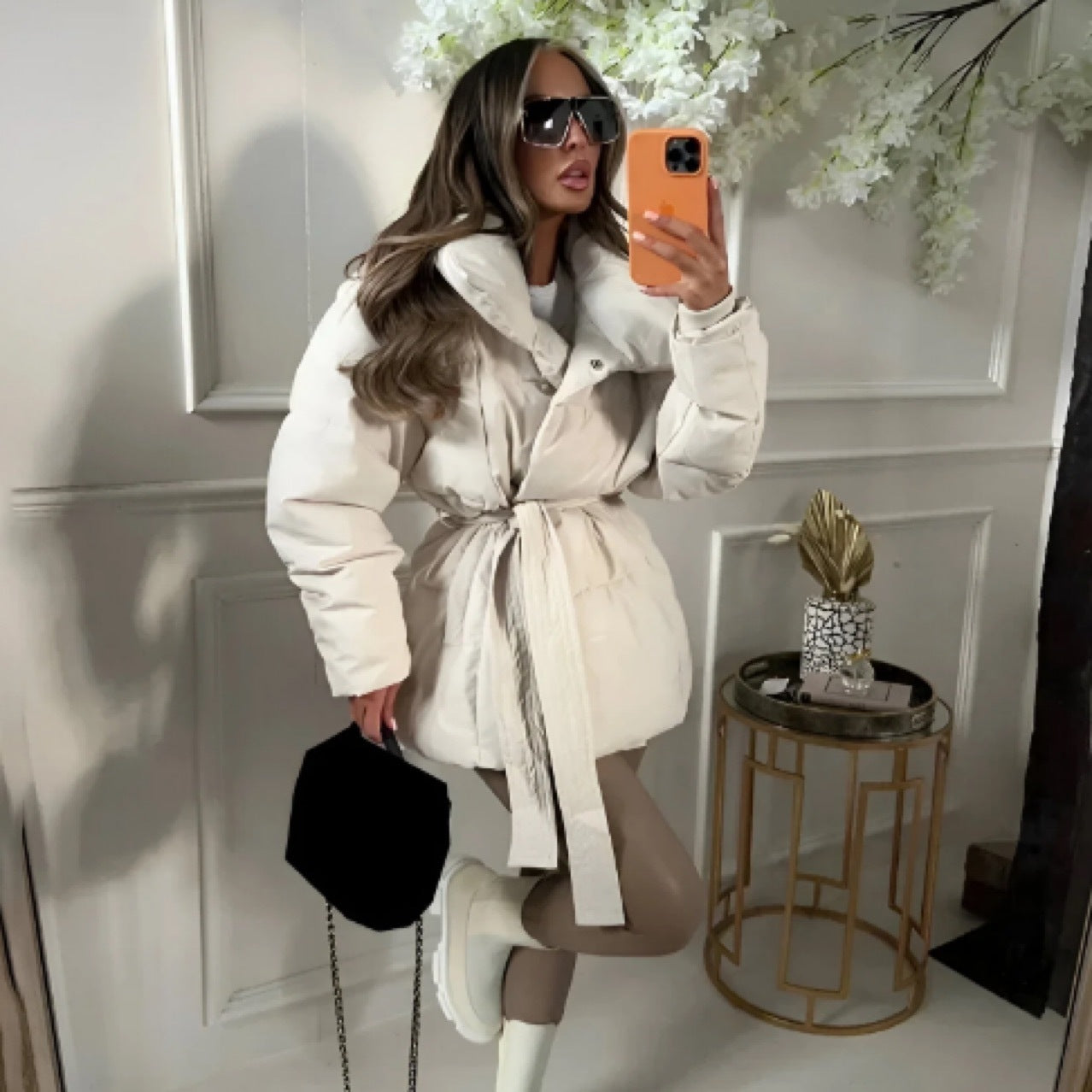 Winter Thickened Jacket Fashion Lapel Cotton Coat With Belt Warm Casual Top Outwear