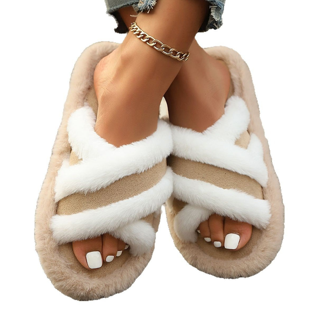 Slippers Fluffy Slippers Cross Strap Stitching Warm Casual Platform