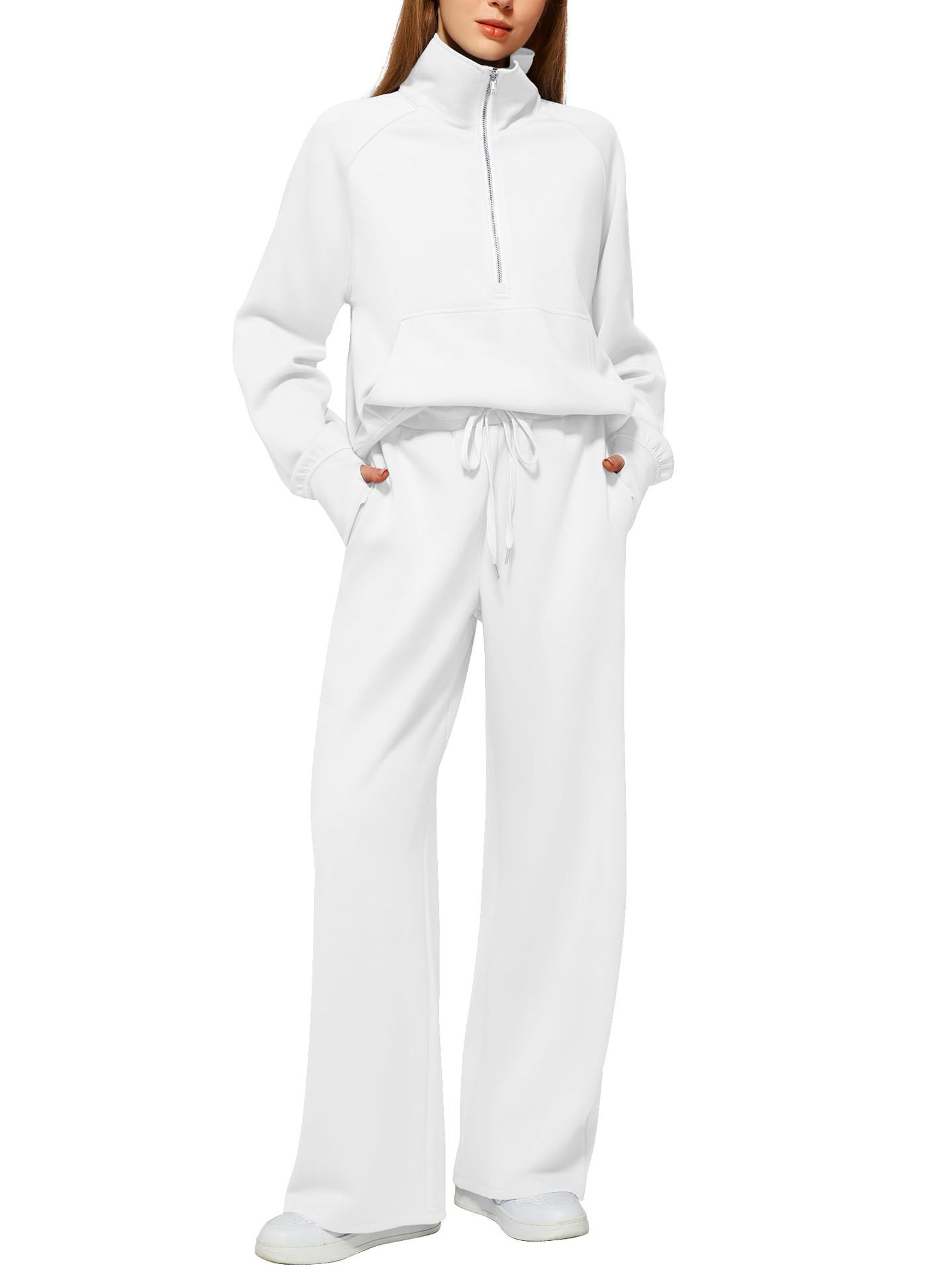Woman Solid Color Half Zip Long Sleeve Sweatshirt And Wide Leg Pants Set Casual Sporty Two Piece Outfit Women's Suit