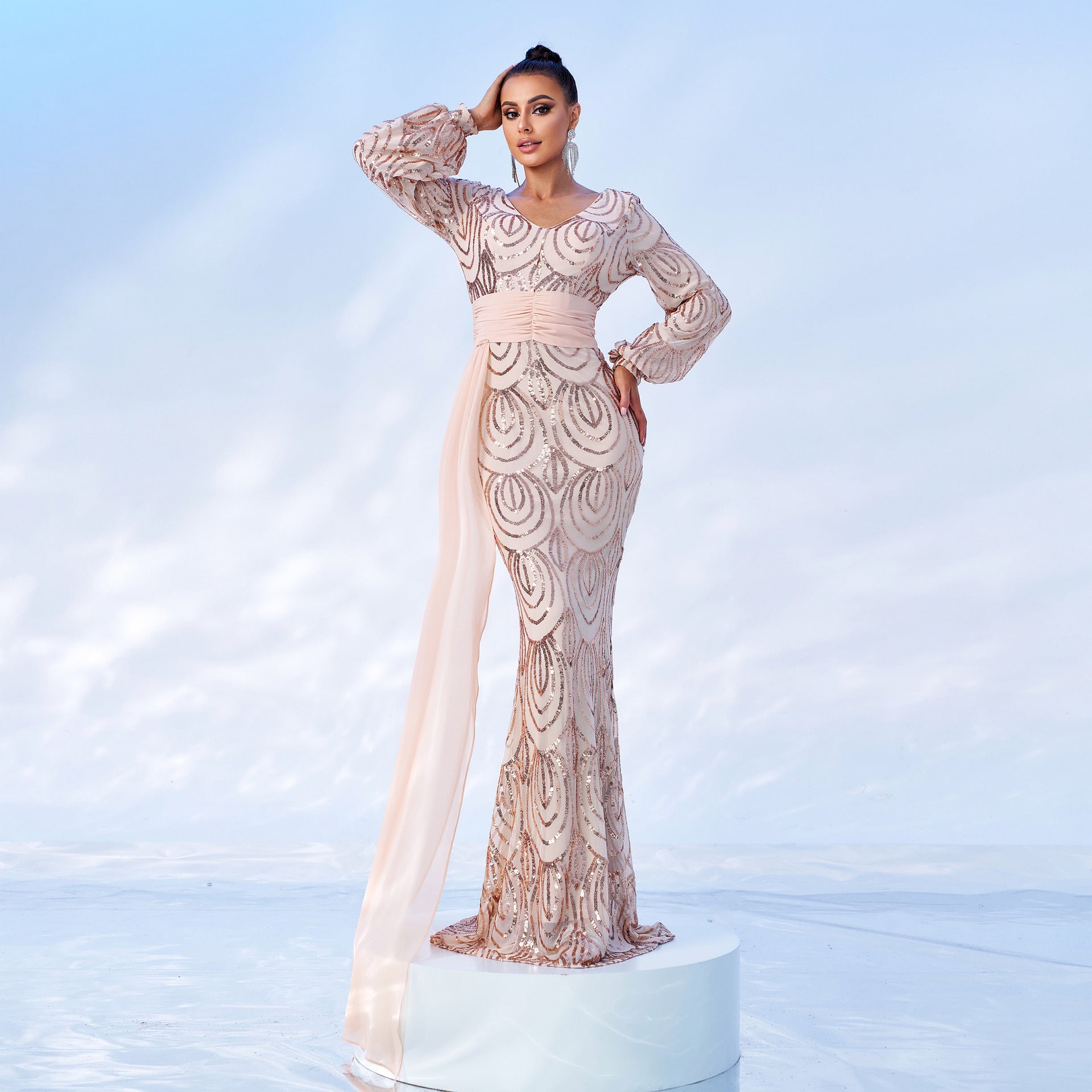 Dress Long Sequined V-neck Banquet Ribbon Evening