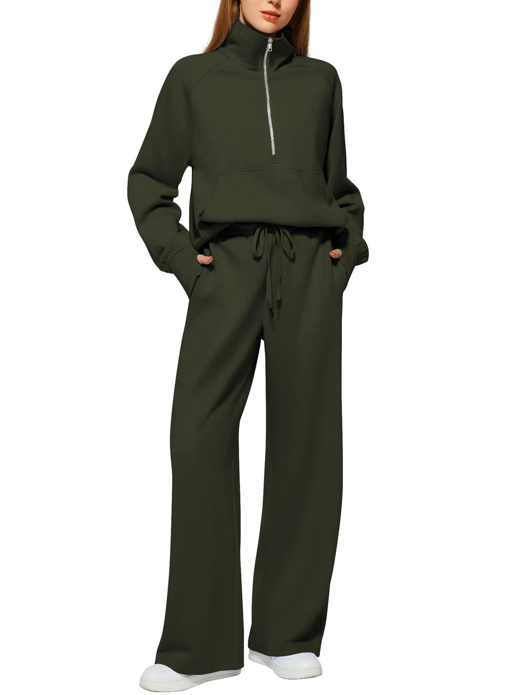 Woman Solid Color Half Zip Long Sleeve Sweatshirt And Wide Leg Pants Set Casual Sporty Two Piece Outfit Women's Suit