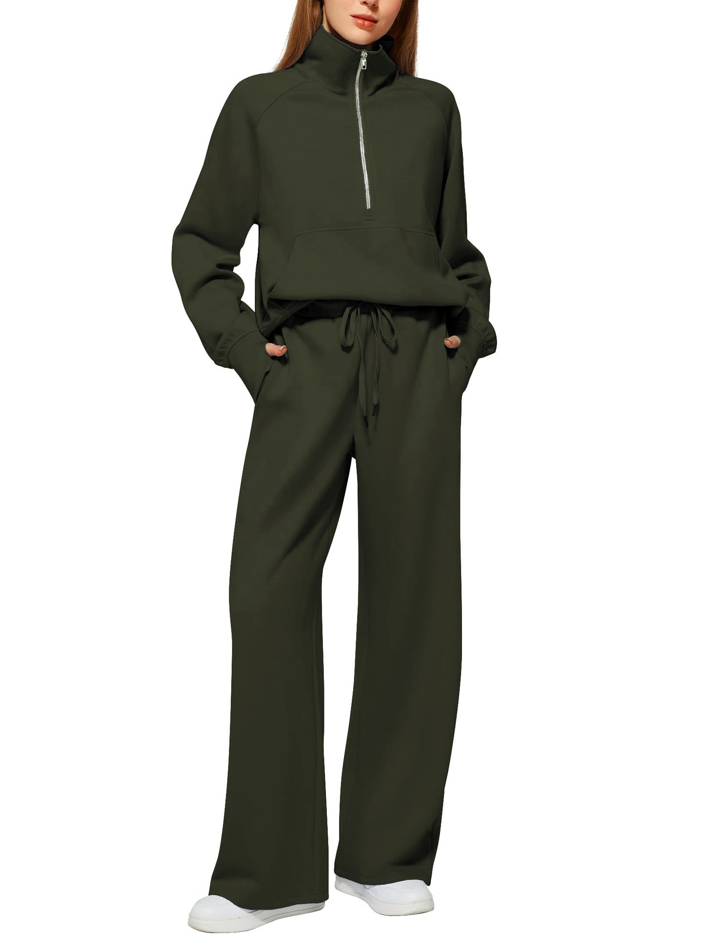 Woman Solid Color Half Zip Long Sleeve Sweatshirt And Wide Leg Pants Set Casual Sporty Two Piece Outfit Women's Suit