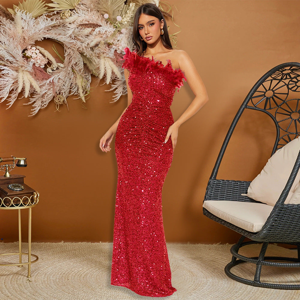 Dress Black Paillette Feather Stitching Sequin Sexy