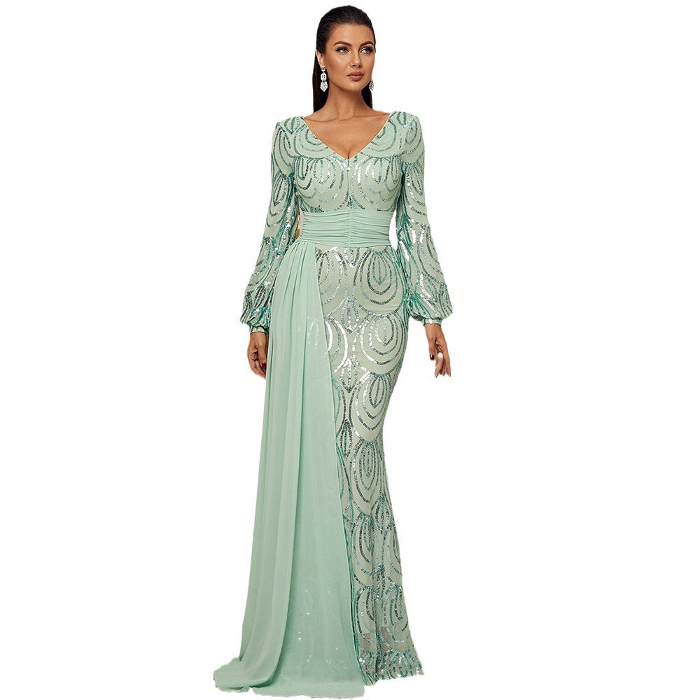 Dress Long Sequined V-neck Banquet Ribbon Evening