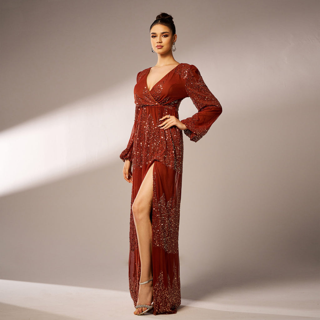 Dress Long Sleeve V-neck Sexy Long Sequined Evening