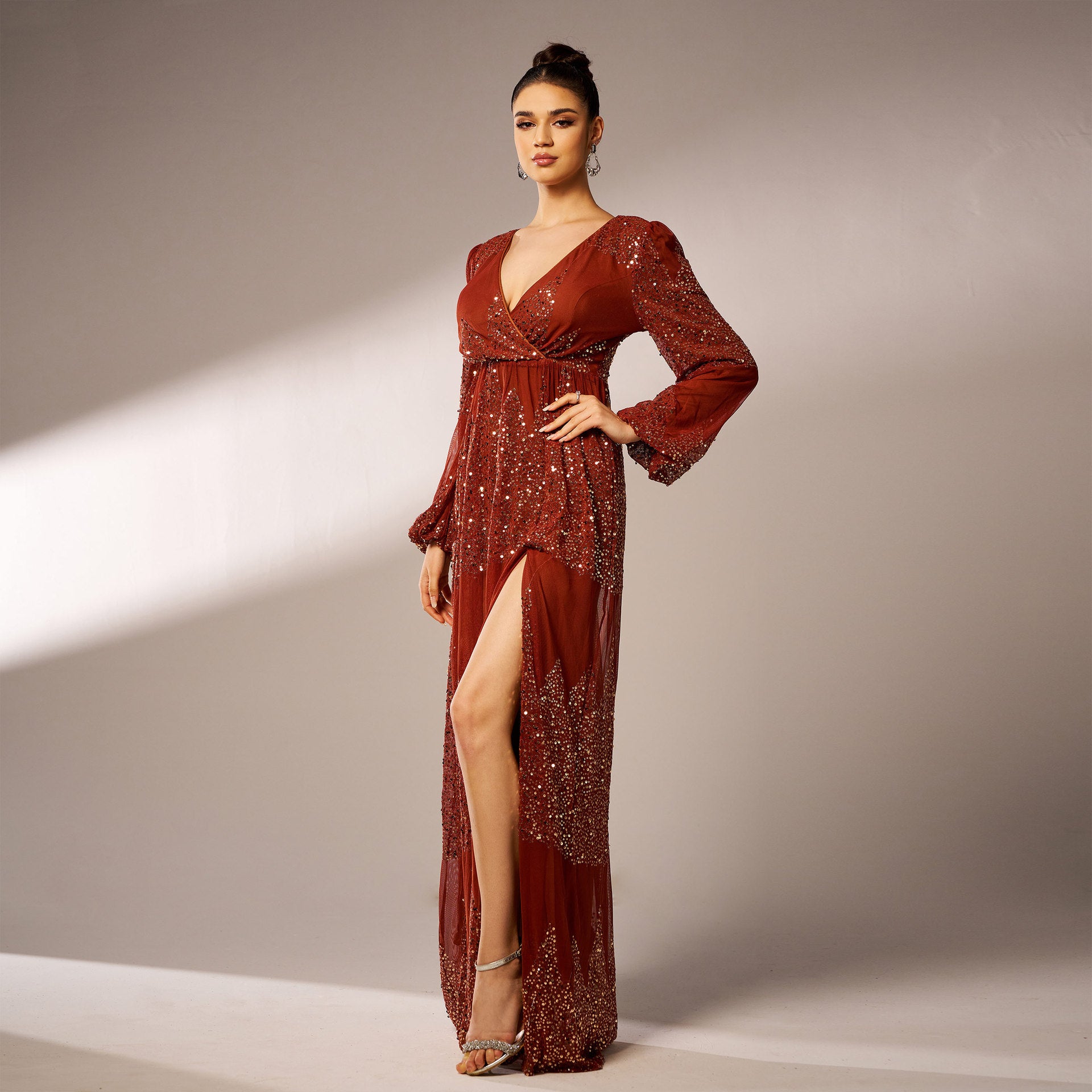 Dress Long Sleeve V-neck Sexy Long Sequined Evening