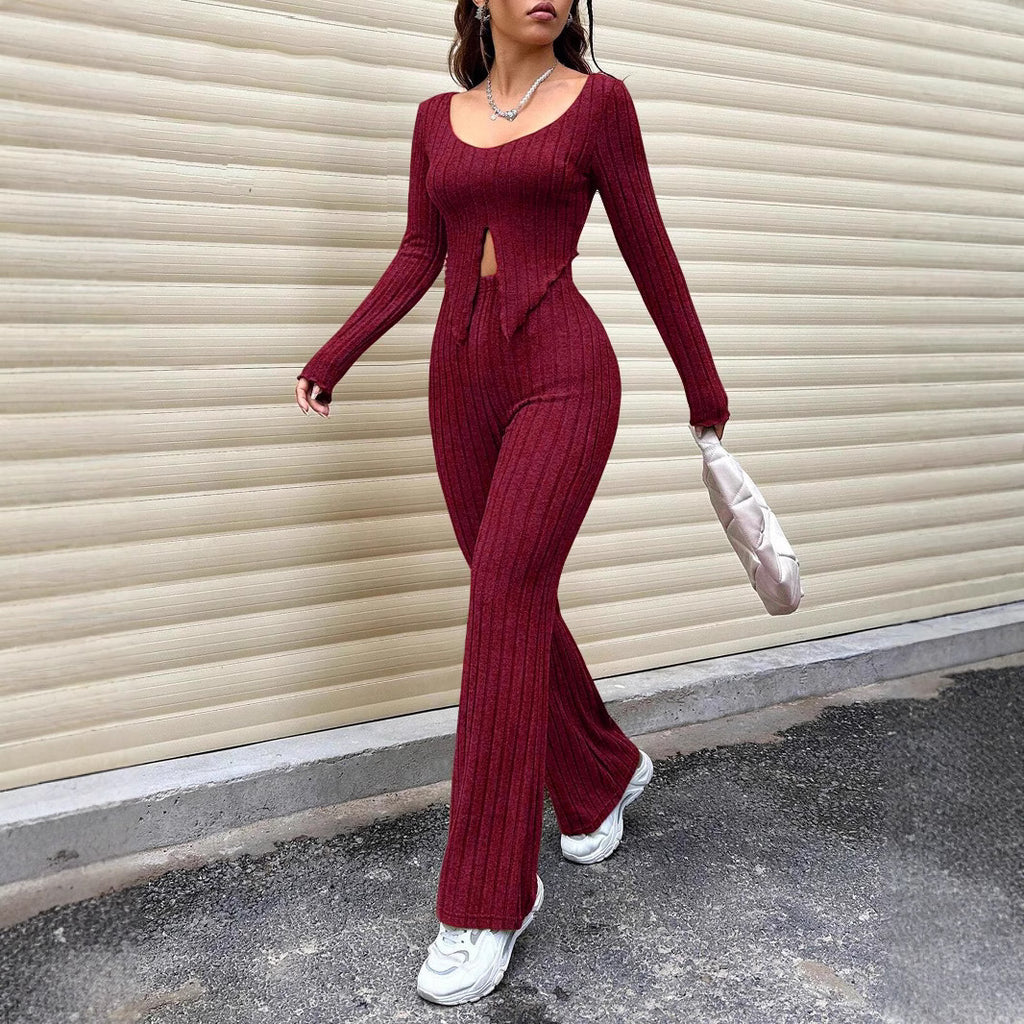 Top And High Waist Slightly Flared Pants Set