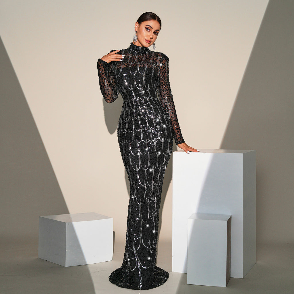 Dress Long Sleeve Round Neck Slim-fit Sequined Banquet Evening