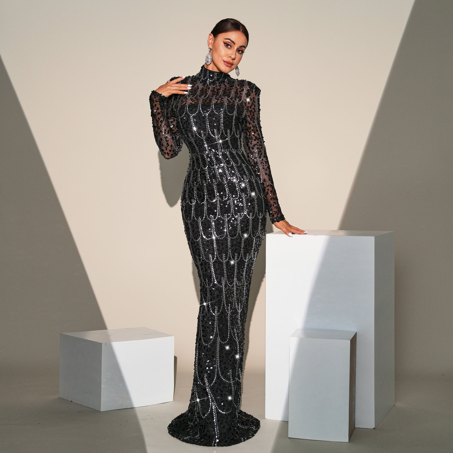 Dress Long Sleeve Round Neck Slim-fit Sequined Banquet Evening