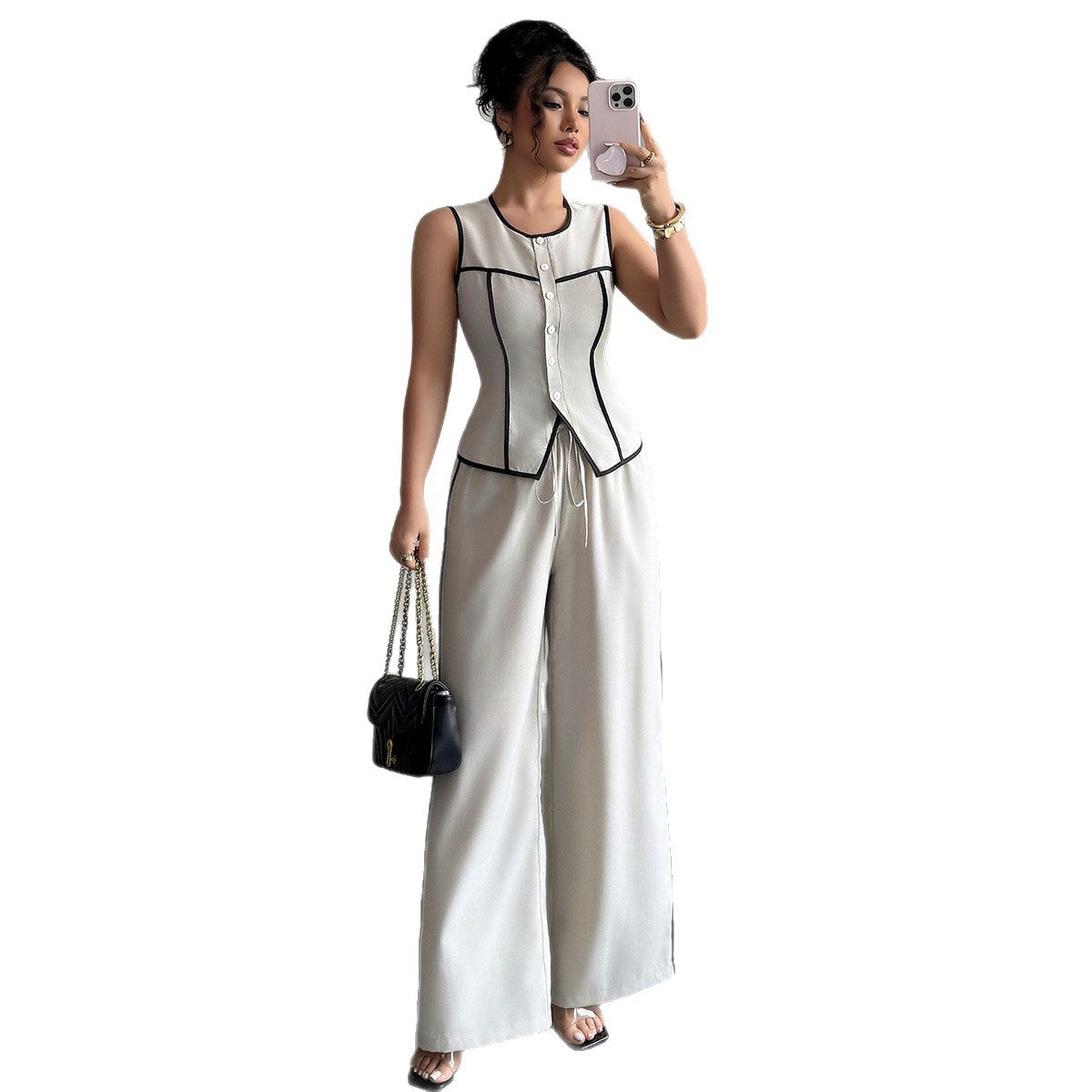 2- Piece Set Women Casual Elegant Button Vest Wide Leg Pants