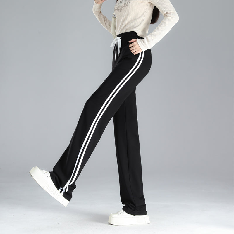Pants Straight-leg Sweatpants, Black And White Striped, Double-stripe