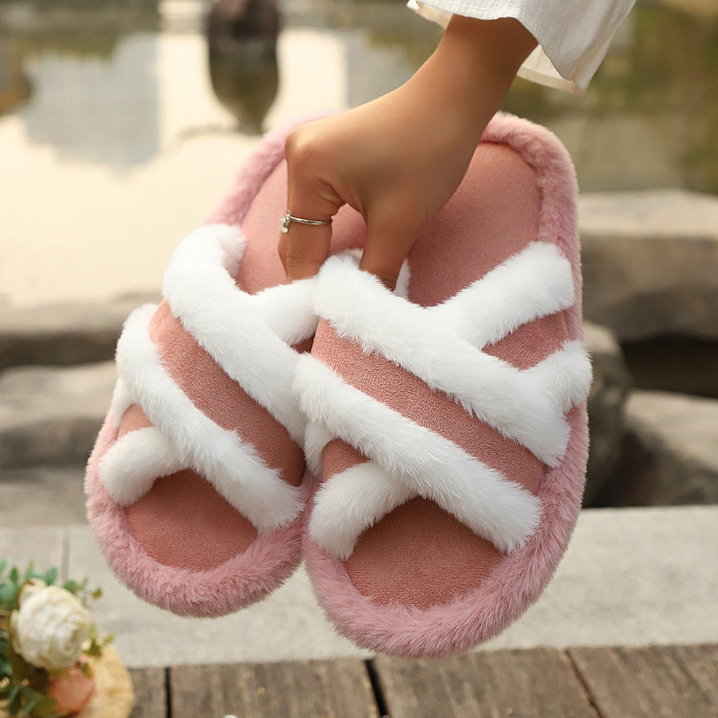 Slippers Fluffy Slippers Cross Strap Stitching Warm Casual Platform
