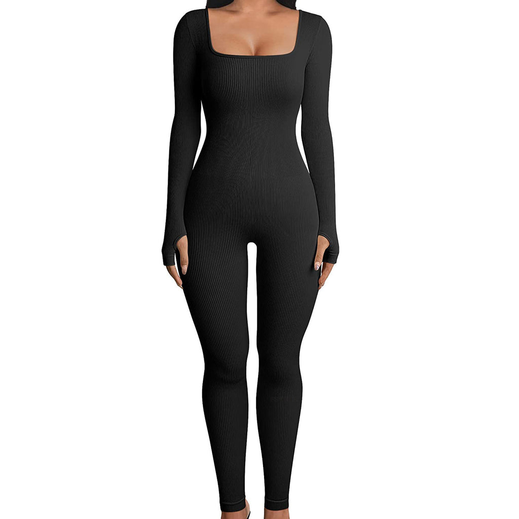 Women's Clothing Long Sleeve Jumpsuit Sexy One-piece Square Collar Sportwear