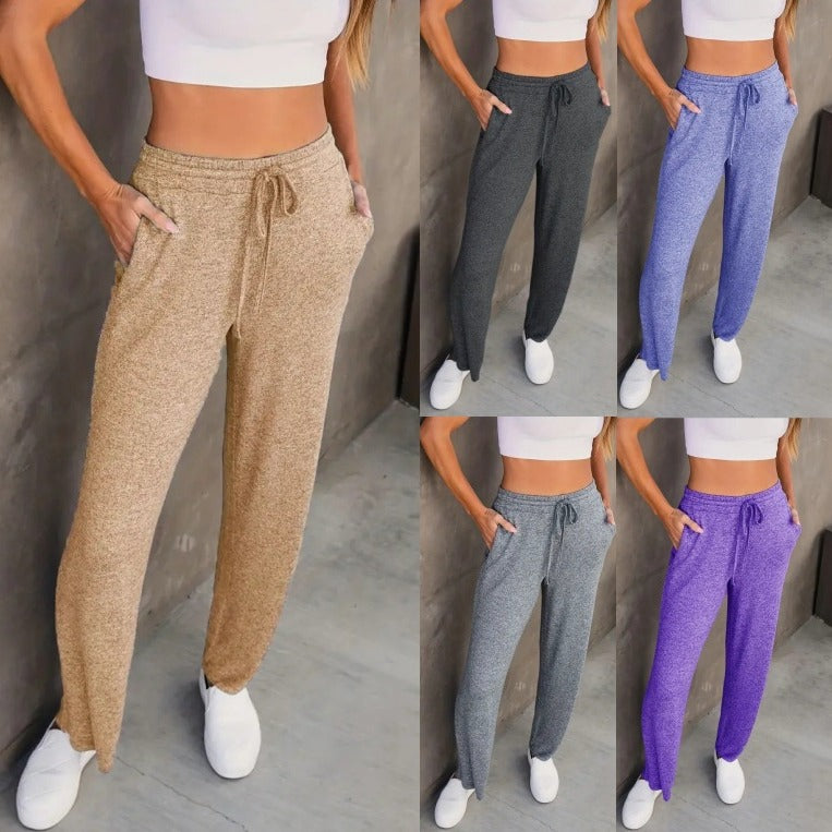 Pants Women Drawstring Pocket Solid Color Casual