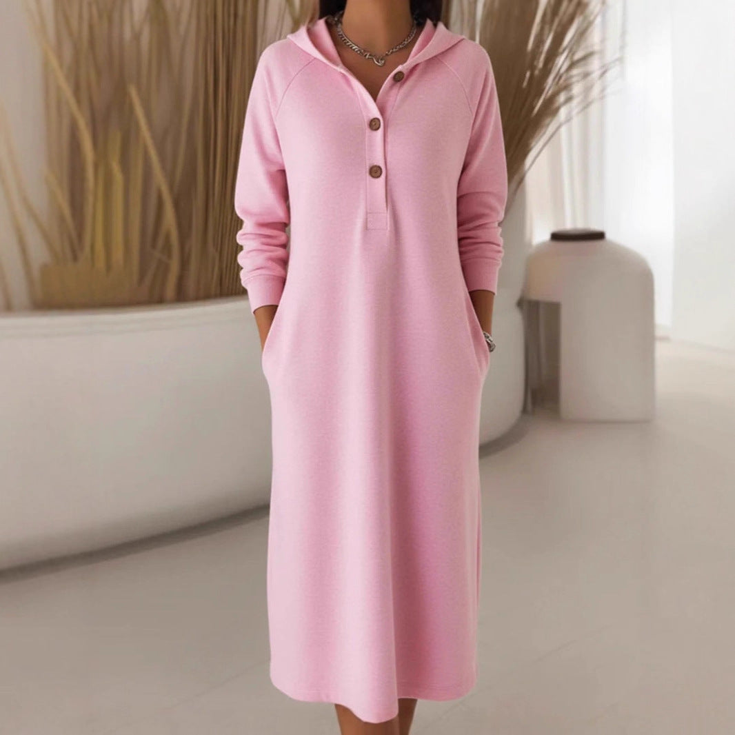 Women's Button Knit Hooded Sweatshirt Solid Color Casual Dress