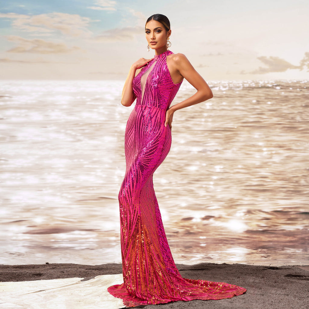 Dress Round Neck Off-the-shoulder Slim-fit Sheath Sequined Banquet Fishtail
