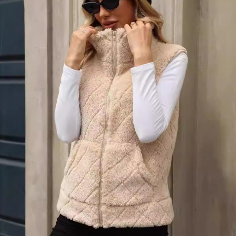 Women's Clothing Cardigan  Diamond Lattice Coat Plush Vest