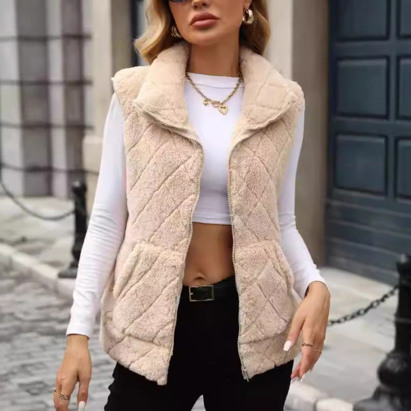 Women's Clothing Cardigan  Diamond Lattice Coat Plush Vest