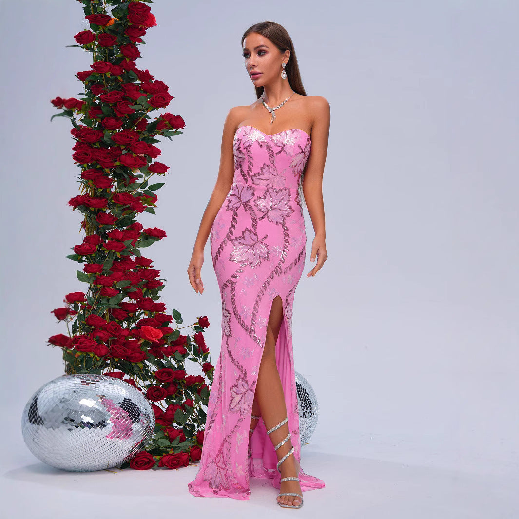 Dress Evening Wrapped Chest Off-neck Sheath Sequined Banquet Fishtail E